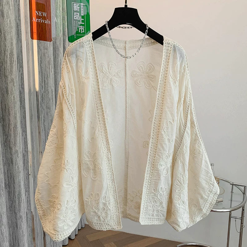 Áo Khoác Cardigan Cotton Thêu Tay Bồng Dáng Dài – Chống Nắng Freesize, Hè 2026