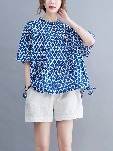 Áo Blouse In Họa Tiết Rút Dây Tay Ngắn – Dáng Rộng Che Bụng Bigsize