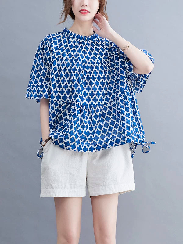 Áo Blouse In Họa Tiết Rút Dây Tay Ngắn – Dáng Rộng Che Bụng Bigsize