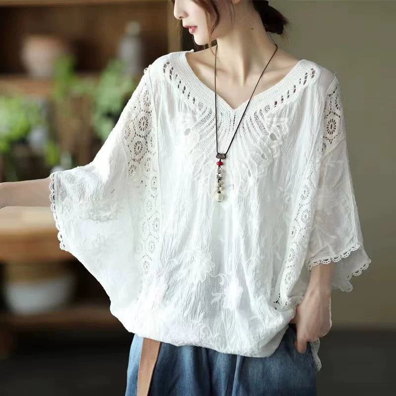 Áo Khoác Móc Hoa Cotton Tay Dơi – Dáng Rộng Thoáng Mát Freesize, Hè 2026