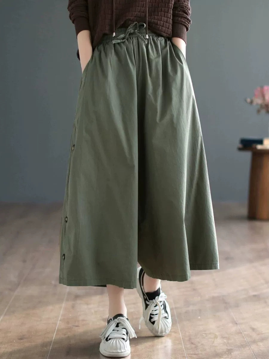 Quần Váy Cotton Ống Rộng Cạp Chun Buộc Dây – Màu Trơn Dáng Lửng, Hè 2026