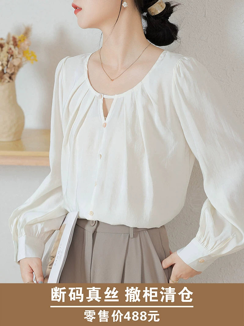 Áo Sơ Mi Lụa Tơ Tằm Tay Dài Phong Cách Pháp – Dáng Suông Tôn Dáng SM-LUA-01