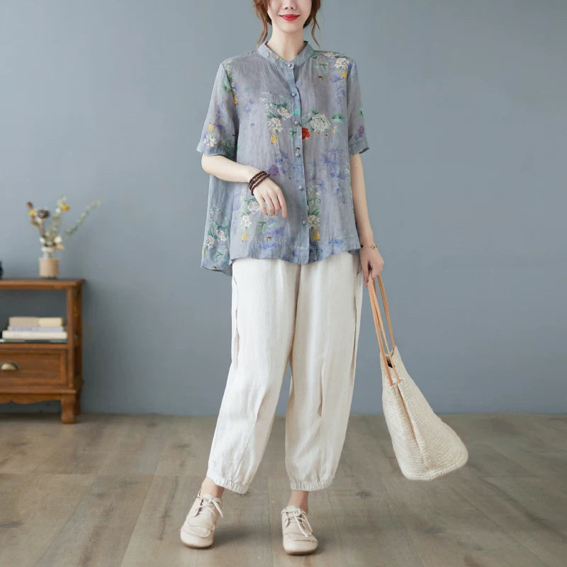 Áo Sơ Mi Tay Ngắn Cotton Lanh Che Bụng – Bigsize Cho Mẹ, Hè 2026