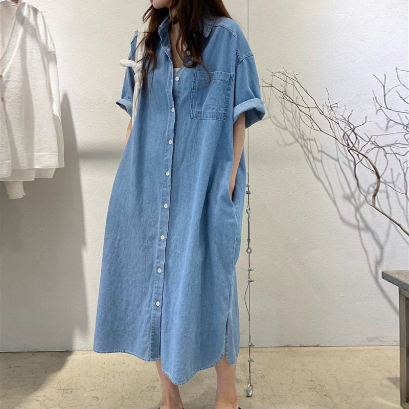 Đầm Jean Denim Dáng Sơ Mi Ngắn Tay – Vintage Tôn Dáng Bigsize