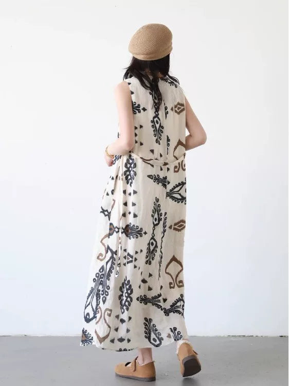 Đầm Sát Nách Cotton Linen In Hoa Thắt Eo – Dáng Xòe Đi Biển, Hè 2026