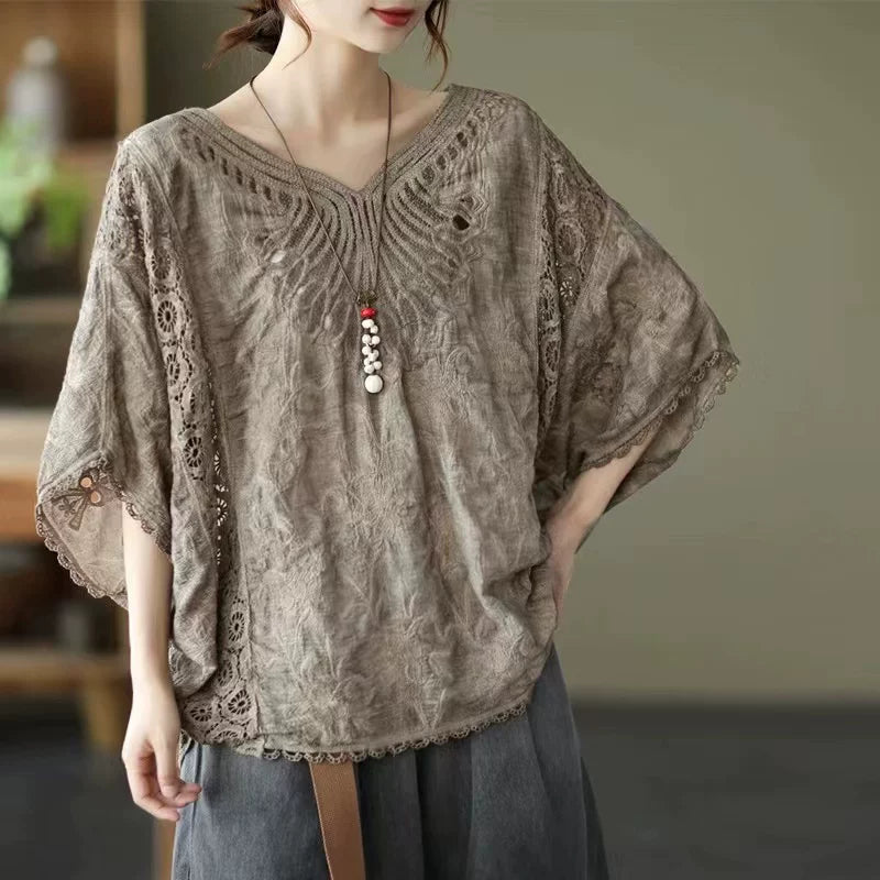 Áo Khoác Móc Hoa Cotton Tay Dơi – Dáng Rộng Thoáng Mát Freesize, Hè 2026