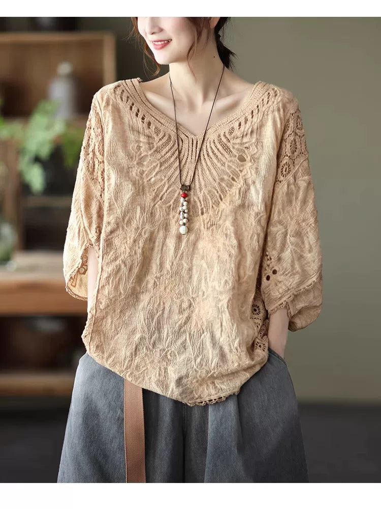 Áo Khoác Móc Hoa Cotton Tay Dơi – Dáng Rộng Thoáng Mát Freesize, Hè 2026