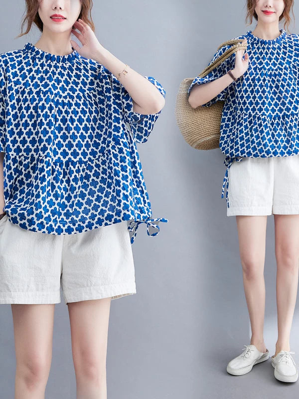 Áo Blouse In Họa Tiết Rút Dây Tay Ngắn – Dáng Rộng Che Bụng Bigsize