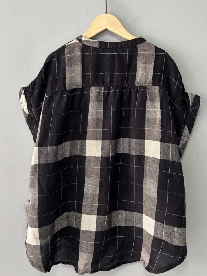 Áo Sơ Mi Kẻ Caro Cotton Linen Tay Ngắn – Dáng Rộng Cổ Điển, Hè 2026