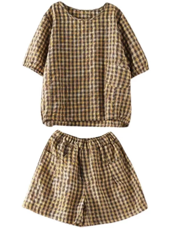 Set 2 Món Áo Thun Kẻ Caro + Quần Short Cotton – Bigsize Retro Nghệ Thuật, Hè 2026