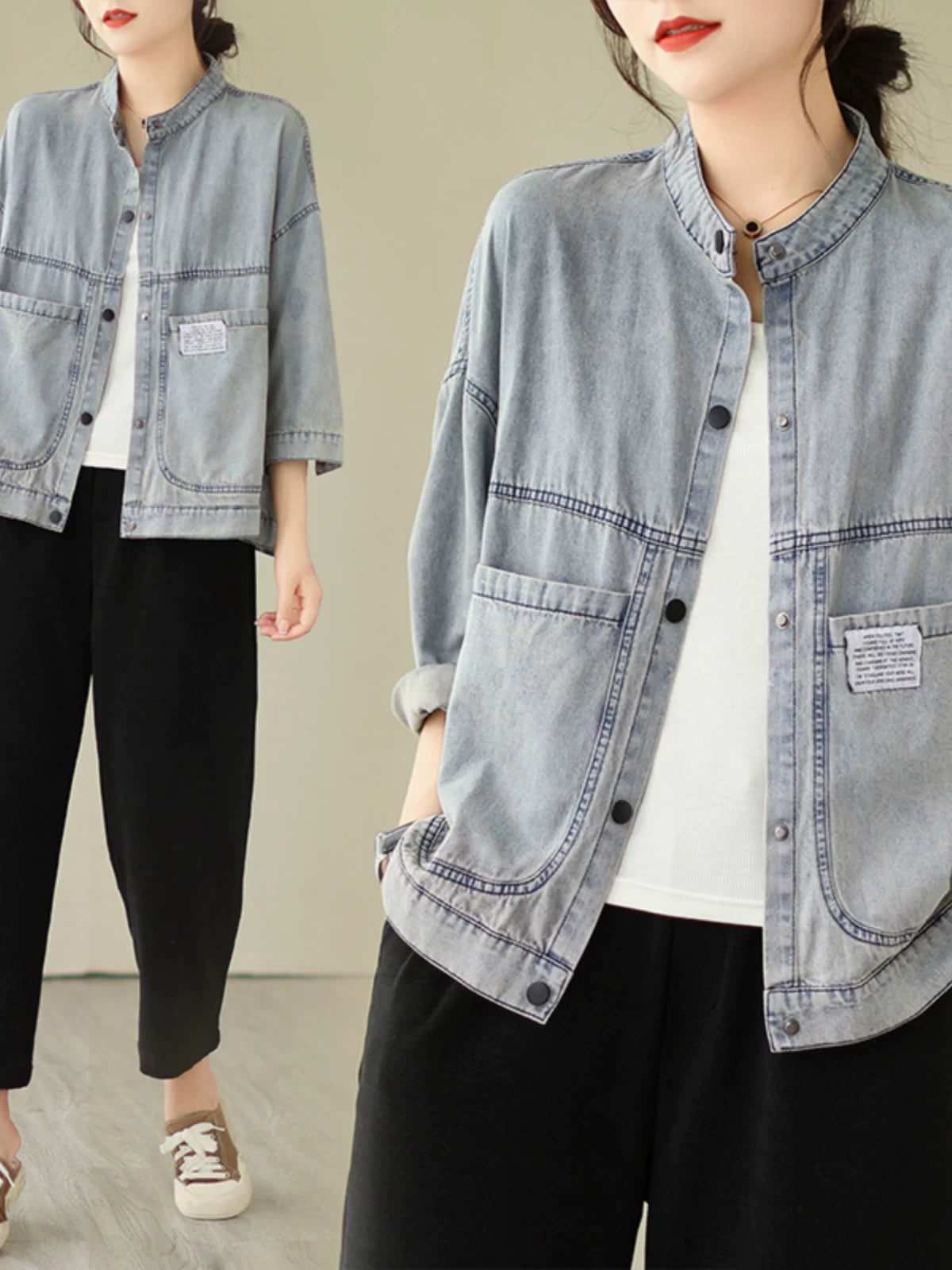 Áo Khoác Jean Denim Cổ Đứng Wash Cũ – Phong Cách Vintage Workwear Hàn Quốc