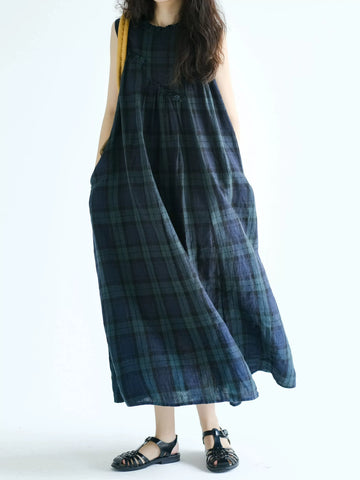 Đầm Sát Nách Cotton Linen Kẻ Caro Phối Bèo – Dáng Dài Bigsize, Hè 2026