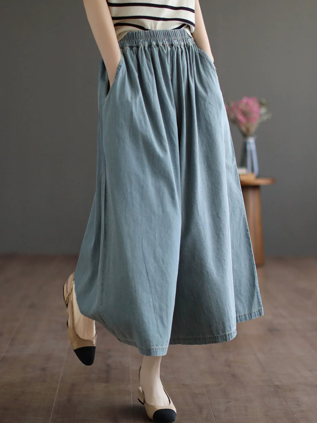 Quần Váy Jean Culottes Cạp Chun Ống Rộng – Retro Bigsize Tôn Dáng, Hè 2026