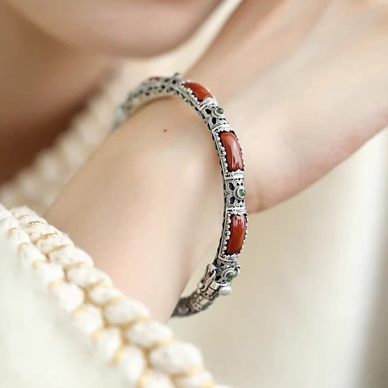 Vòng Tay Bạc 925 Đá Nam Hồng Thiết Kế Rỗng Mở – Phong Cách Trung Hoa Cổ Điển