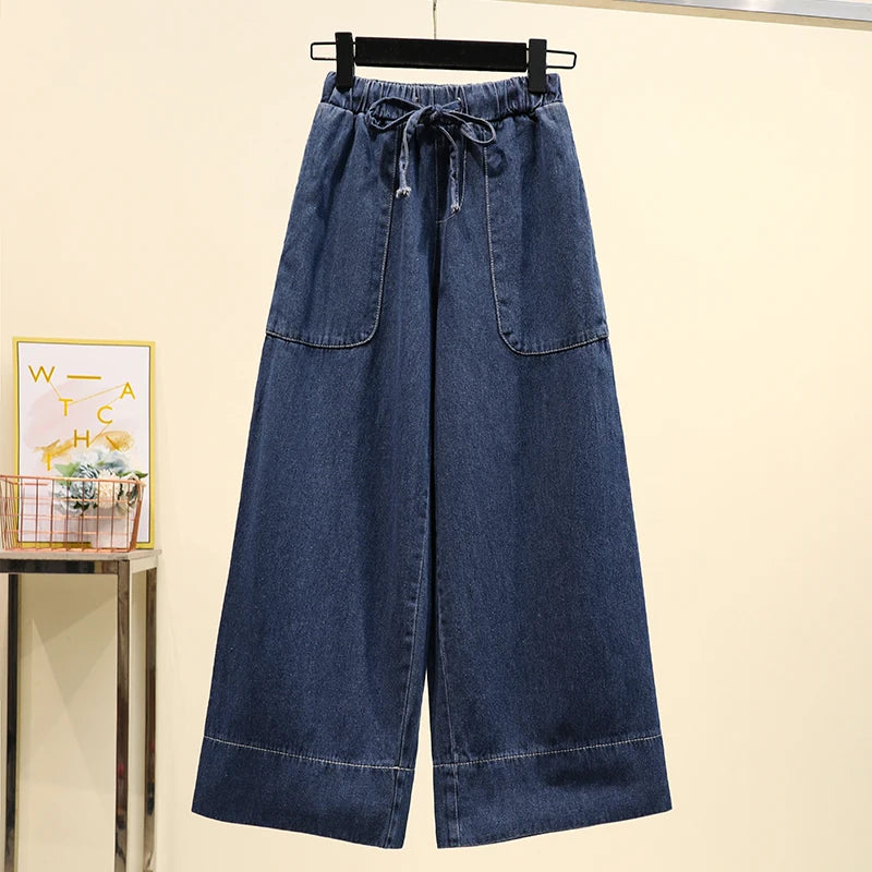 Quần Jean Ống Rộng Cạp Cao Thắt Dây – Dáng Suông 9 Phân Bigsize