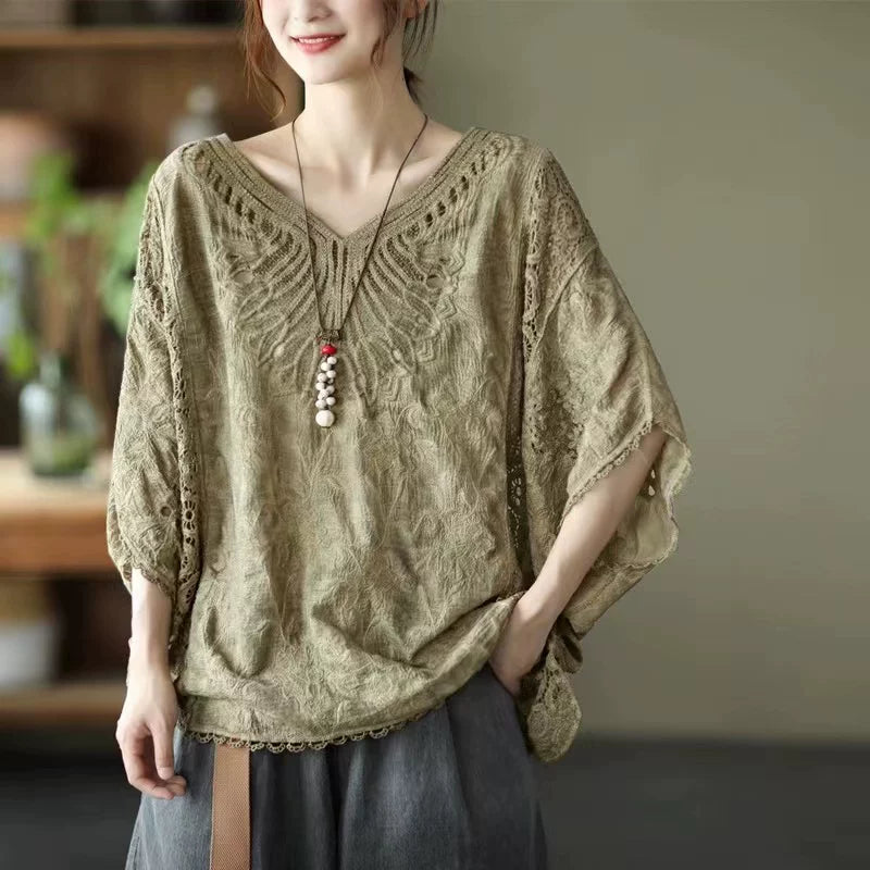 Áo Khoác Móc Hoa Cotton Tay Dơi – Dáng Rộng Thoáng Mát Freesize, Hè 2026