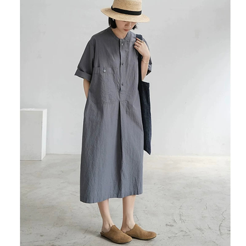 Đầm Sơ Mi Cotton Linen Dáng Dài Túi Hộp – Tay Ngắn Dáng Rộng, Hè 2026