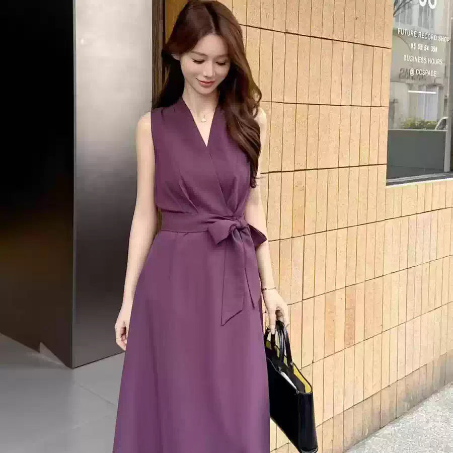 Đầm Wei  Phong cách Pháp thanh lịch cao cấp, thắt eo, cổ chữ V, không tay dành cho nữ B211
