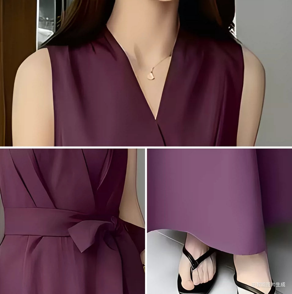 Đầm Wei  Phong cách Pháp thanh lịch cao cấp, thắt eo, cổ chữ V, không tay dành cho nữ B211
