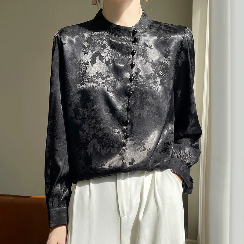 Áo Sơ Mi Nữ Tay Dài Phong Cách Trung Hoa - Cổ Đứng Dệt Jacquard, Cài Cúc Truyền Thống, Thanh Lịch