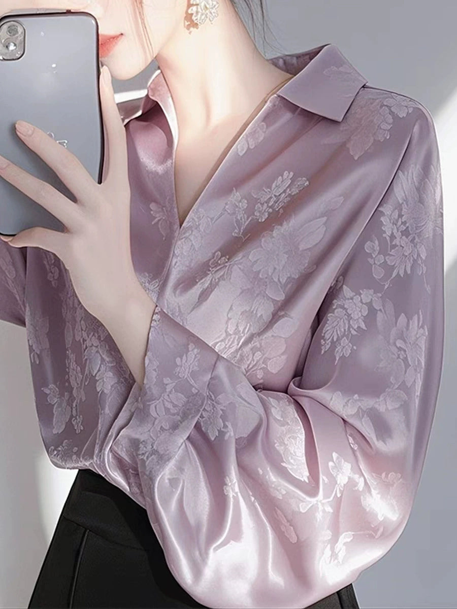 Áo sơ mi satin jacquard màu tím, kiểu Pháp, dài tay, phong cách độc đáo D108250