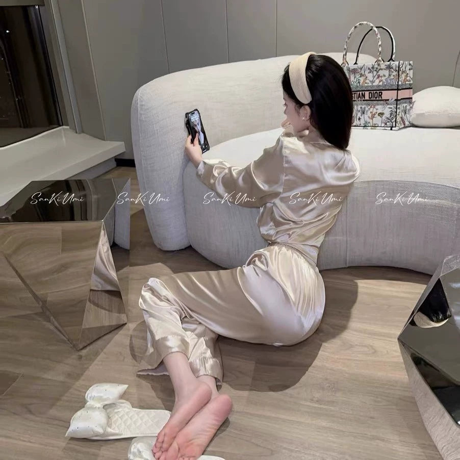 Bộ Đồ Ngủ Pijama Nữ Chất Mô Phỏng Lụa Đính Đá - Áo Dài Tay Phối Quần Dài, Sang Trọng