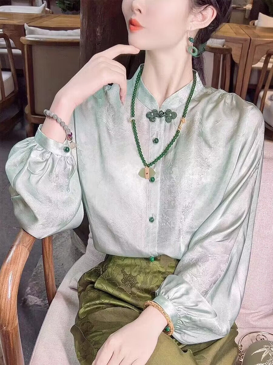 Áo lụa tơ tằm dâu tằm màu xanh lá cây Zhensi, nút jacquard cổ điển, phong cách Trung Hoa D112250