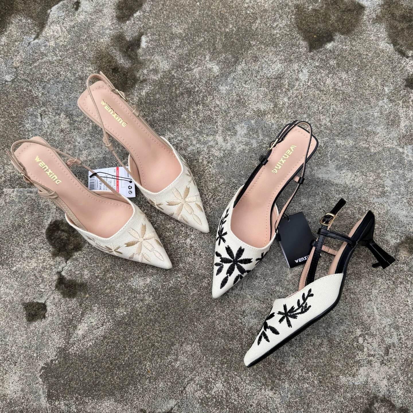 Giày cao gót mũi nhọn hở gót thêu hoa phong cách Pháp - quai sau, gót thanh mảnh 6-8cm