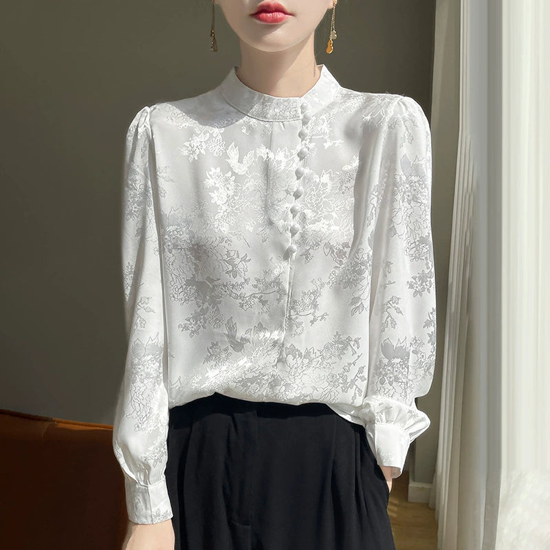 Áo Sơ Mi Nữ Tay Dài Phong Cách Trung Hoa - Cổ Đứng Dệt Jacquard, Cài Cúc Truyền Thống, Thanh Lịch