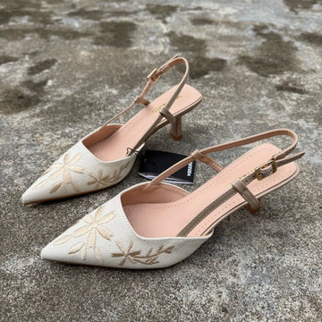Giày cao gót mũi nhọn hở gót thêu hoa phong cách Pháp - quai sau, gót thanh mảnh 6-8cm