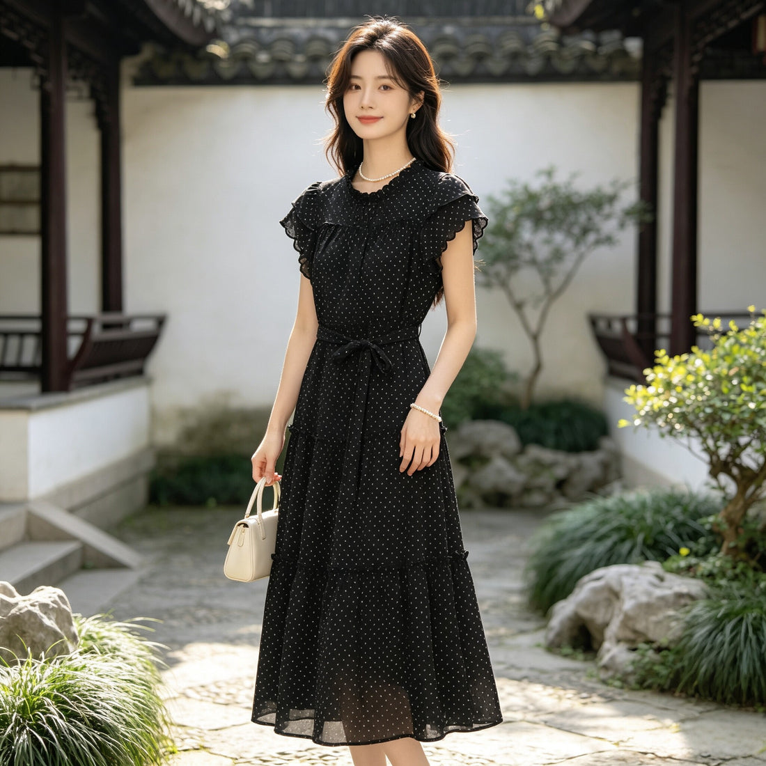 Korean style polka dot butterfly sleeve dress B634