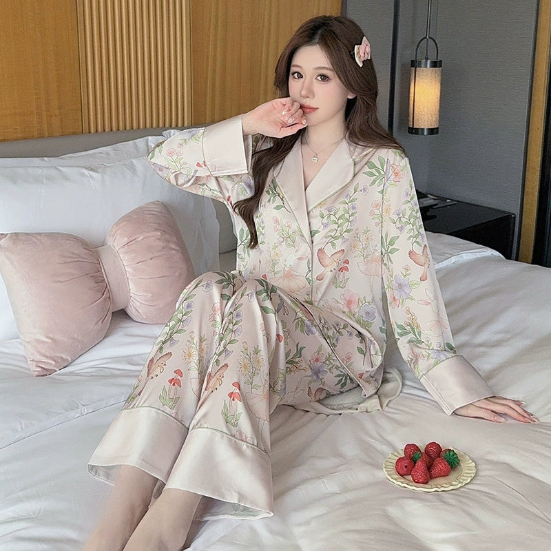 Bộ đồ ngủ lụa băng tay dài phong cách Pháp - vải lụa nhân tạo mát mẻ, nhiều hoạ tiết