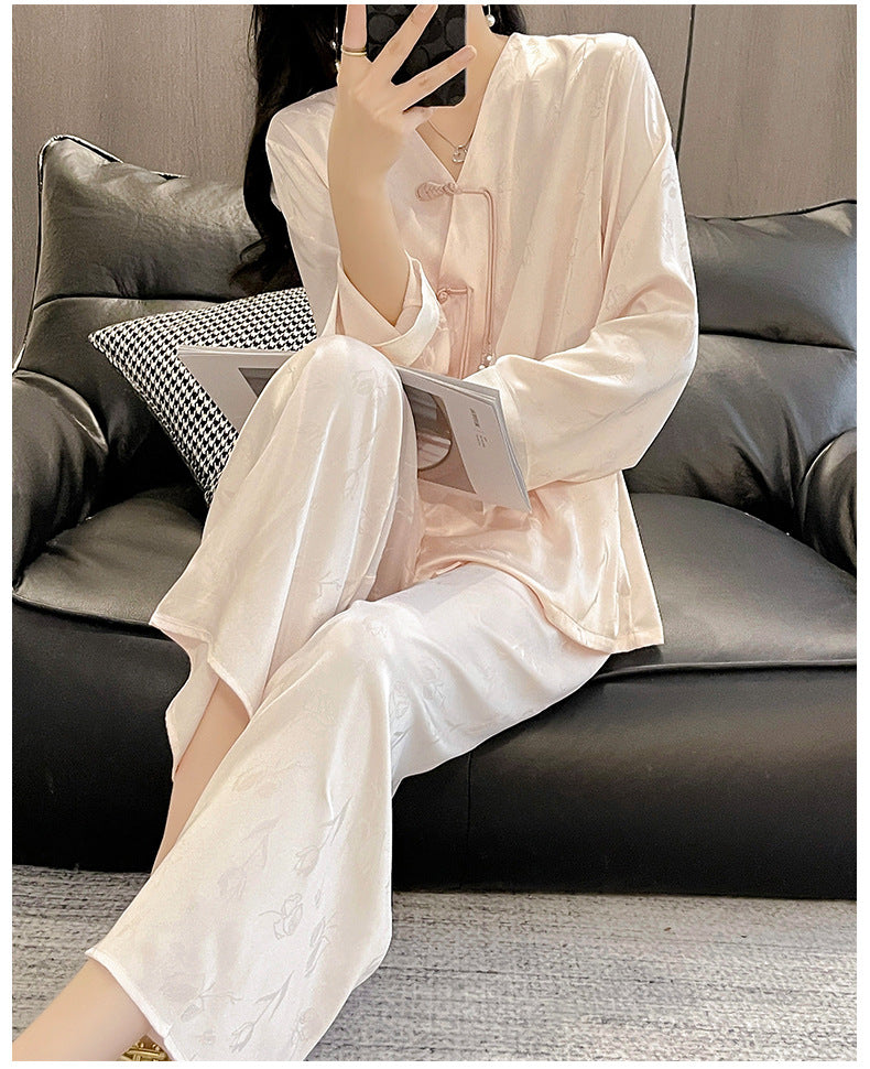 Đồ ngủ Pijama lụa xước hàng hiệu cổ trung hoa đơn giản, thanh lịch DN421240