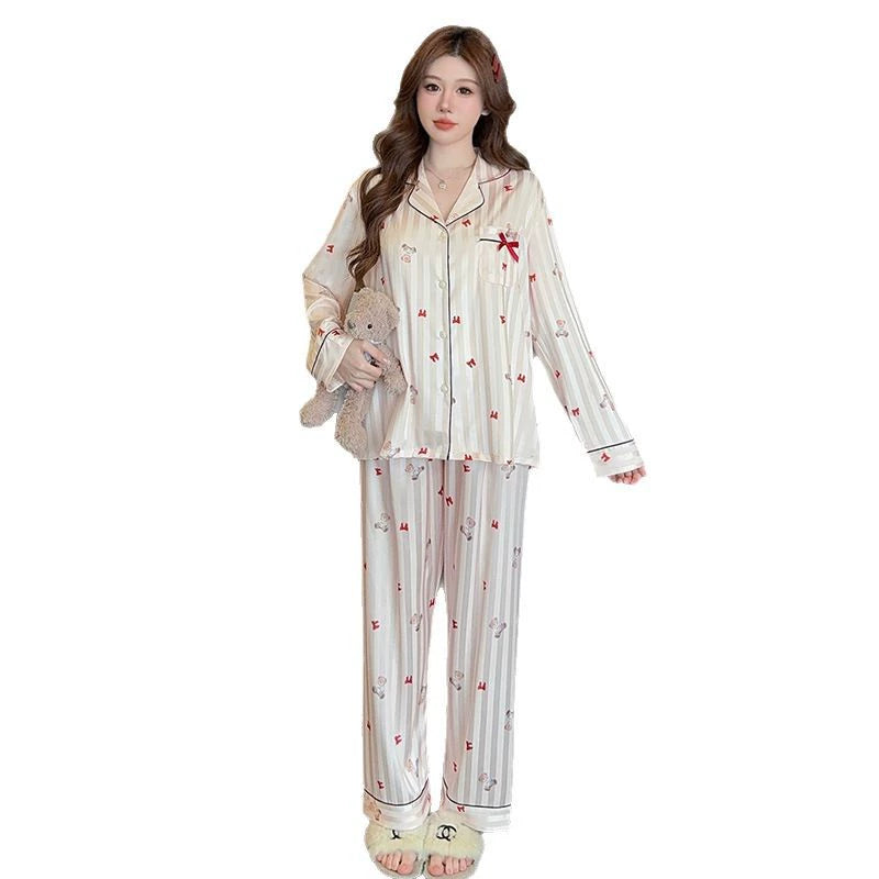 Bộ đồ ngủ lụa băng hoạ tiết nơ gấu tay dài phong cách Pháp - chất liệu mát mẻ, mẫu hot trend
