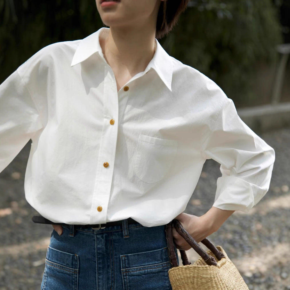 Áo Sơ Mi Cotton Cổ Điển Cơ Bản Tự Nhiên Dáng Rộng Dễ Phối