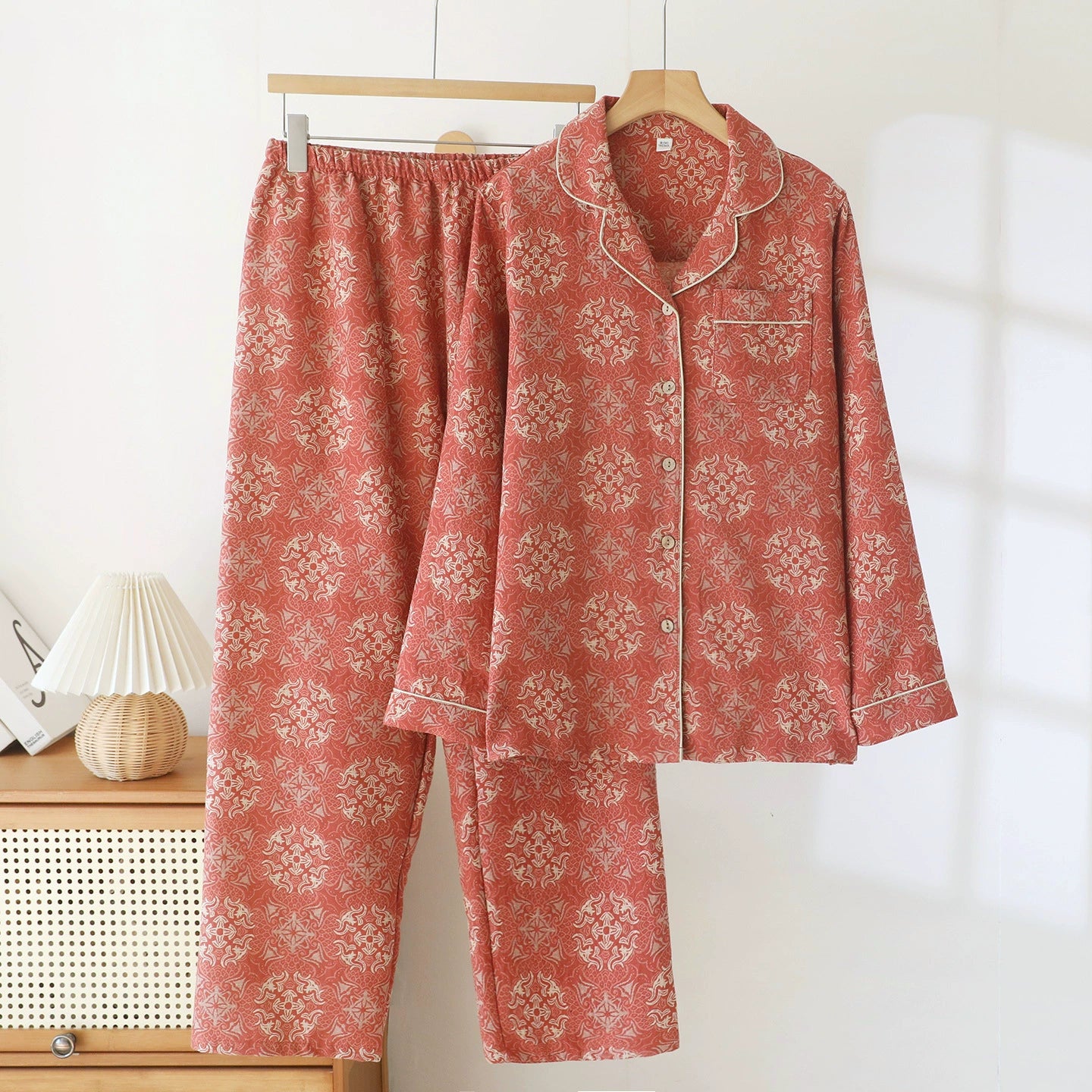 Bộ Đồ Ngủ Pyjama Vải Xô Cotton Jacquard Dài Tay Họa Tiết Vintage