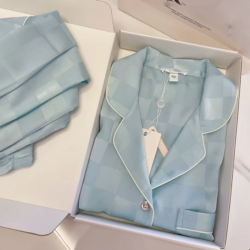 Bộ Đồ Ngủ Pijama Nữ Lụa Băng Kiểu Pháp - Áo Cổ Bẻ Dài Tay In Họa Tiết Phối Quần Dài, Nhiều Họa Tiết