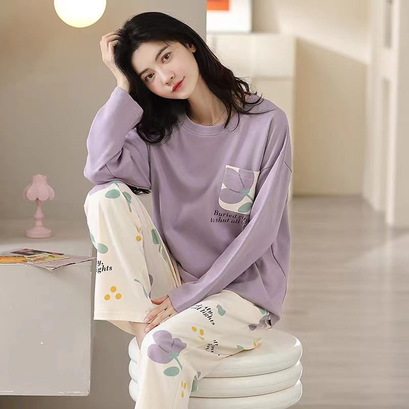 Bộ đồ ngủ thun gân cao cấp họa tiết họa hình dể thương thu đông mới nhất D542240