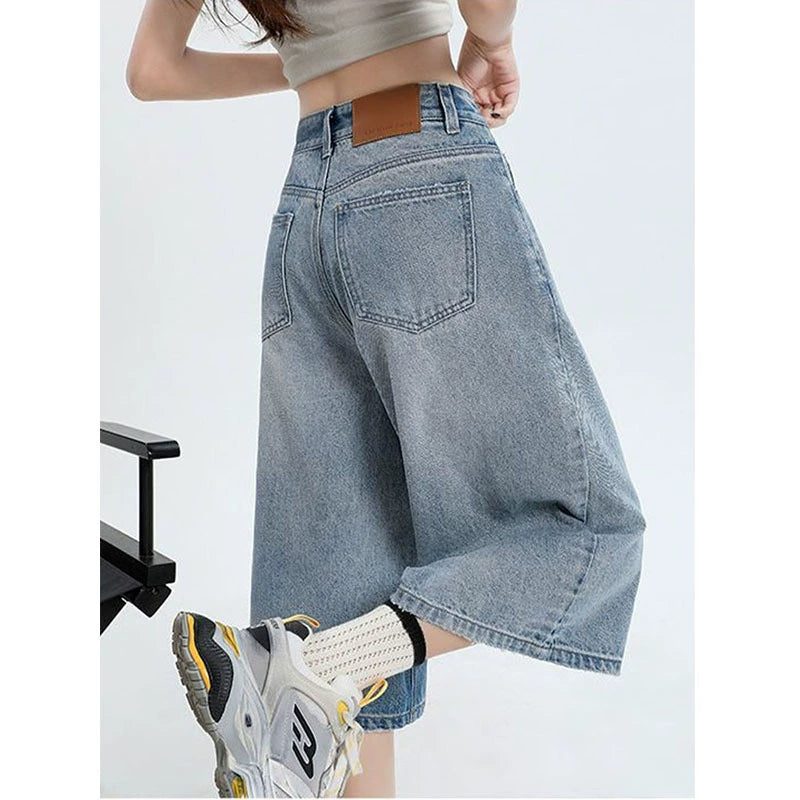 Quần Jean Nữ Ống Rộng Dáng Lửng Cạp Cao Cổ Điển - Chất Denim Co Giãn, Tôn Dáng Che Bắp, Cỡ Lớn
