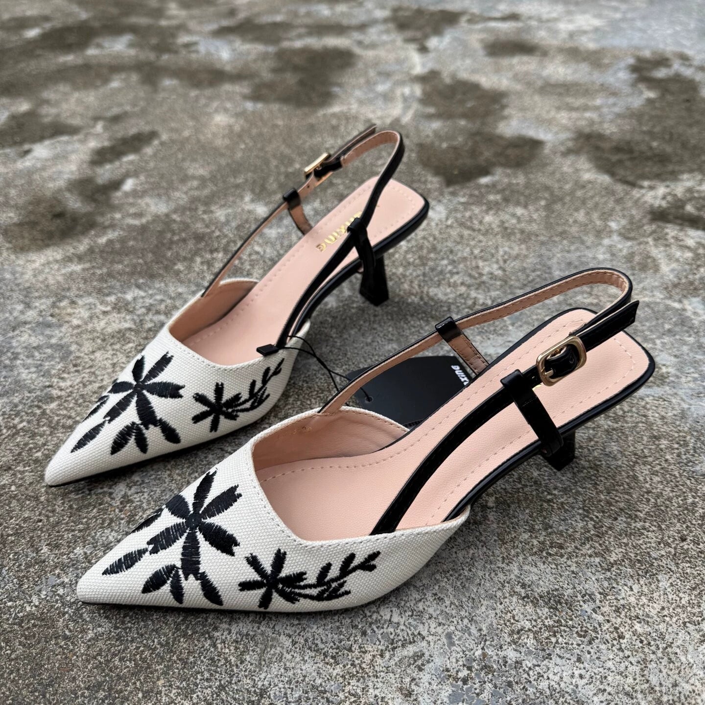 Giày cao gót mũi nhọn hở gót thêu hoa phong cách Pháp - quai sau, gót thanh mảnh 6-8cm