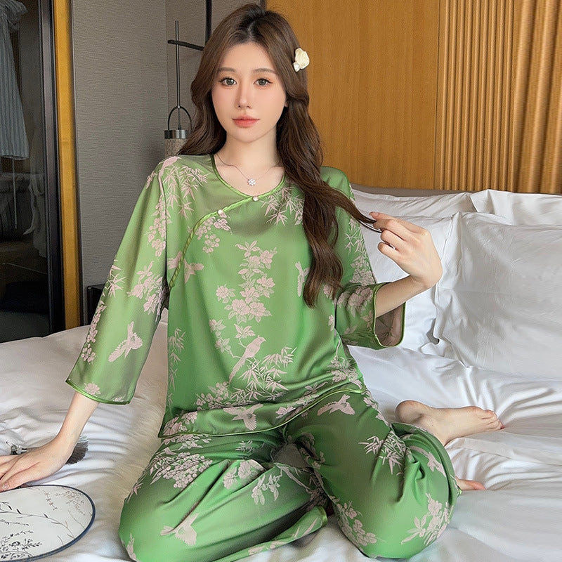 Bộ đồ ngủ nữ xuân thu dài tay lụa băng mỏng jacquard XINY DN107250