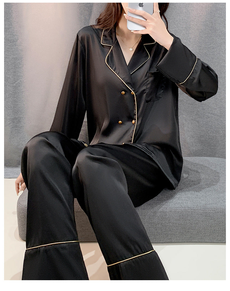Đồ ngủ Pijama lụa xước hàng hiệu đen viền trắng đơn giản DN422240