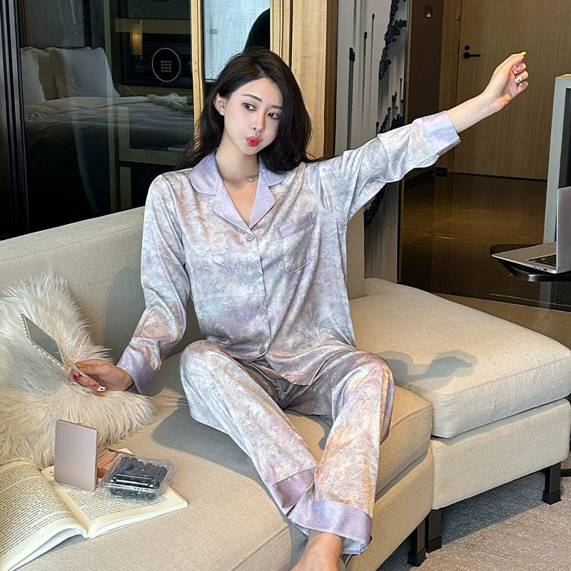 Bộ đồ ngủ cao cấp nữ, vải satin lụa lạnh, dài tay in họa tiết tím, khí chất, mặc nhà sang trọng DN165250