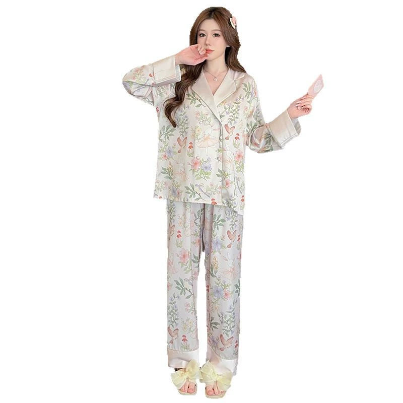 Bộ đồ ngủ lụa băng tay dài phong cách Pháp - vải lụa nhân tạo mát mẻ, nhiều hoạ tiết