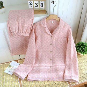Bộ Đồ Ngủ Pyjama Vải Xô Cotton Jacquard Dài Tay Họa Tiết Vintage
