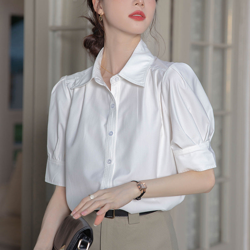 Áo sơ mi trơn cộc tay phong cách kiểu Pháp hai màu thich hợp công sở D438240