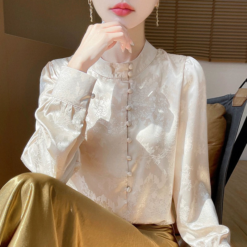 Áo Sơ Mi Nữ Tay Dài Phong Cách Trung Hoa - Cổ Đứng Dệt Jacquard, Cài Cúc Truyền Thống, Thanh Lịch