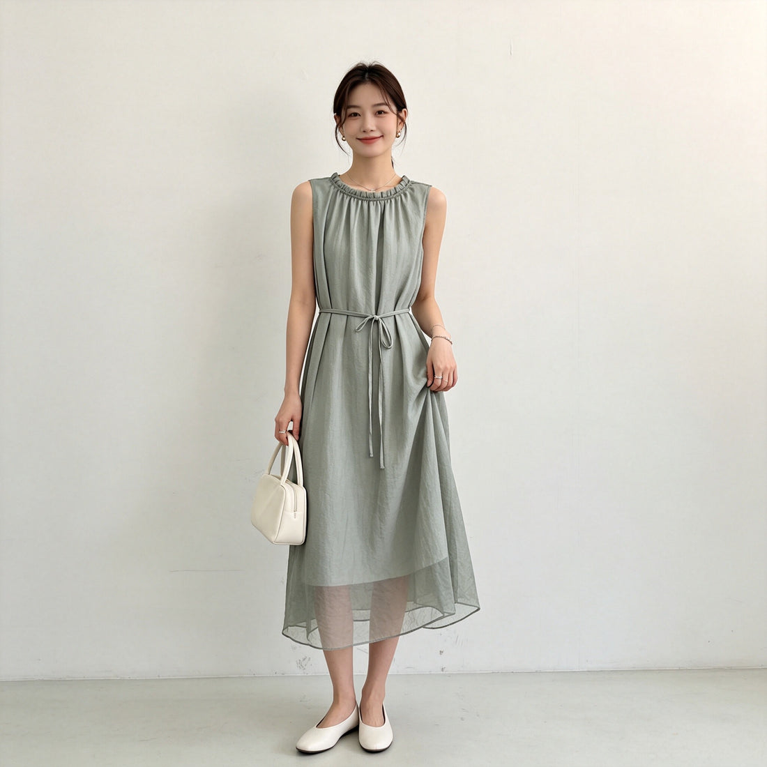 Đầm voan viền bèo buộc eo phong cách Hàn B4619