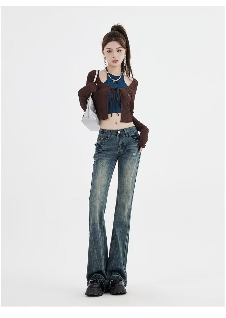 Quần jeans ống loe cạp trễ cổ điển phong cách Mỹ thêu họa tiết QJ030250