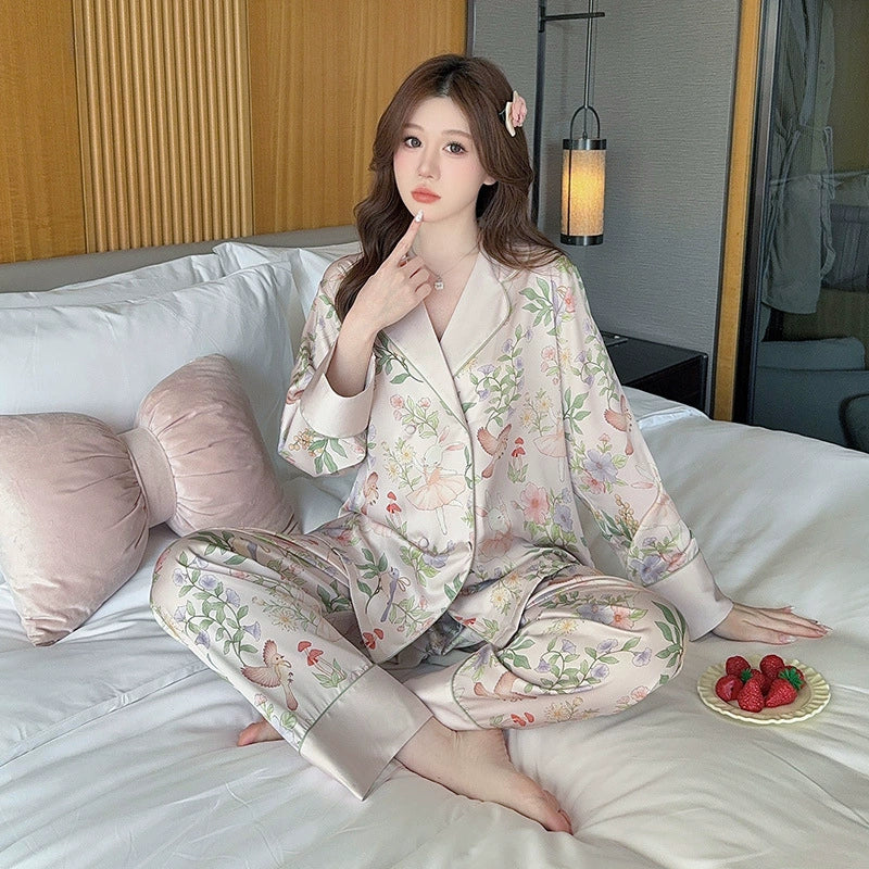 Bộ đồ ngủ lụa băng tay dài phong cách Pháp - vải lụa nhân tạo mát mẻ, nhiều hoạ tiết